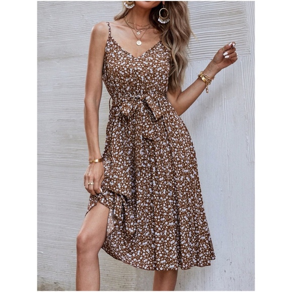 Boho Floral Print Belted V neck Cami Dress RUST - Picture 2 of 9